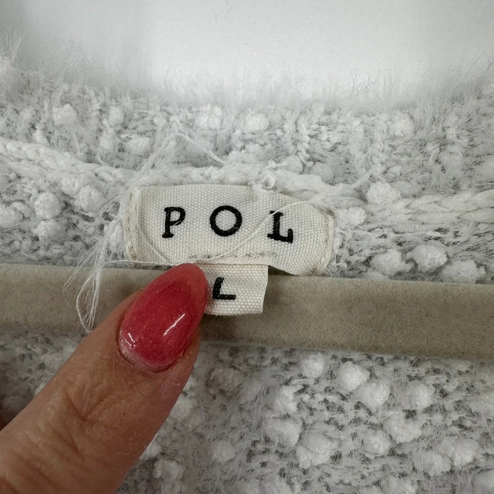 POL Womens Light Grey White Popcorn Eyelash Knit V-Neck‎ Oversized Sweater Large